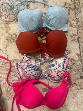 Aerie Set of 4 Padded Bikini Tops - Light Blue, Rust, Multicolor Print, Hot Pink